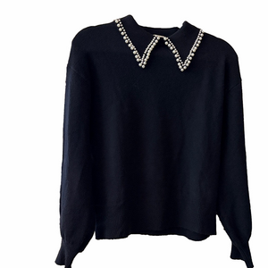 Black Sweater with Pearl Collar M